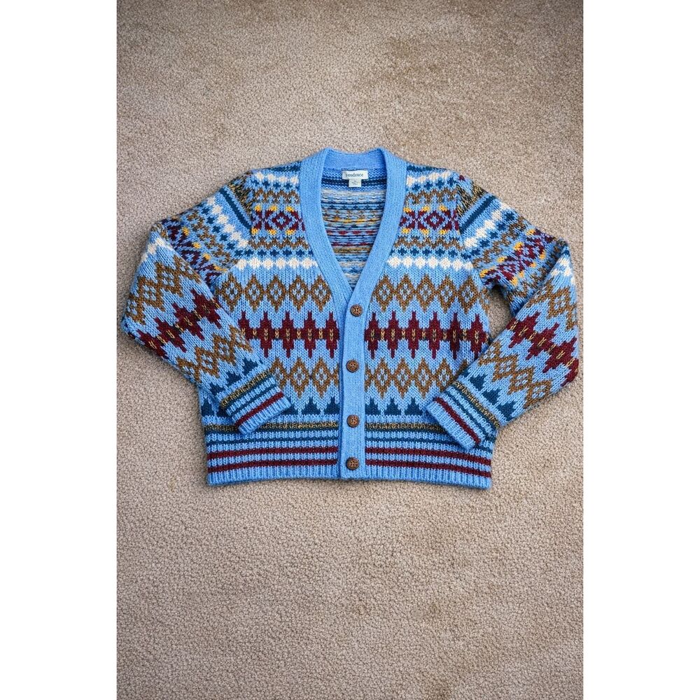 Sundance Fair Isle Knit Cardigan Sweater Women’s Size M Blue Wool Blend Button F